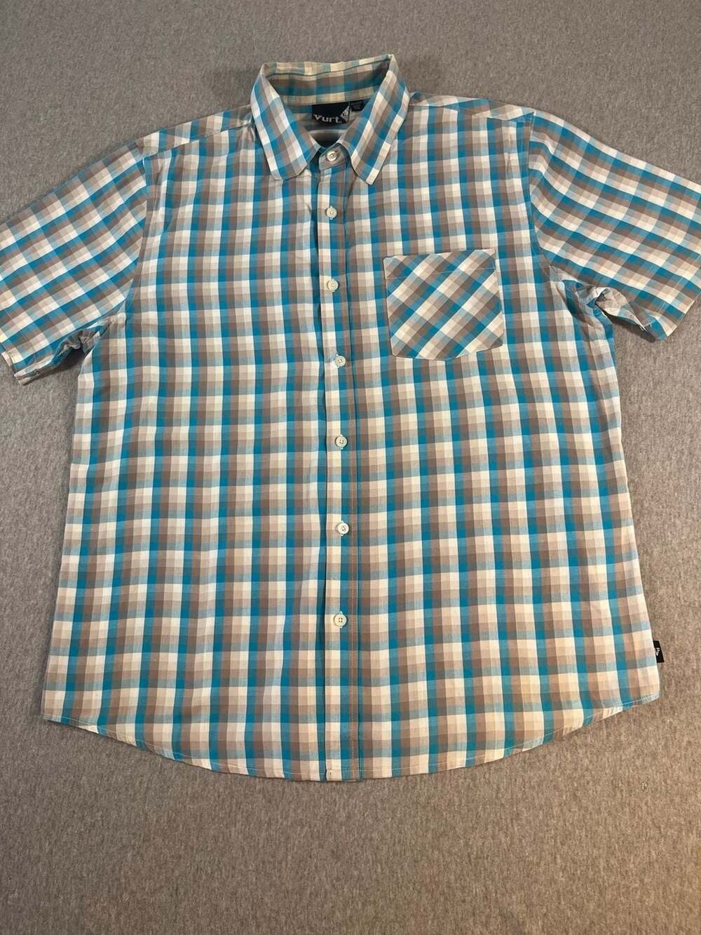 Vurt Blue and Brown Plaid Short Sleeve Button-Up Shirt Men’s L